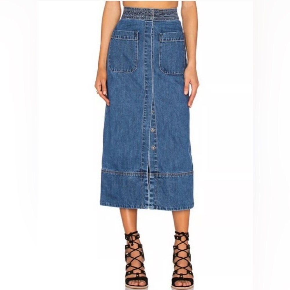 Free People Just a Dream Rory Snap Front Denim Midi Skirt With Pockets size 4